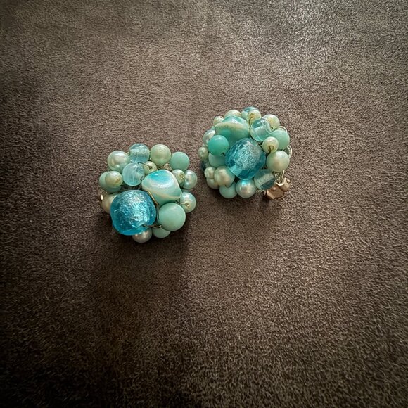 Vintage Clip-On Earrings W/ Blue & Green Beaded Cluster Design - Picture 3 of 4